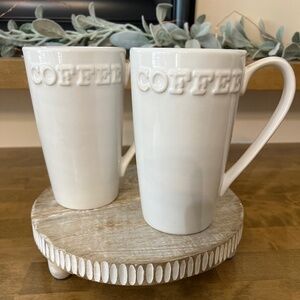 Primagera Tall Ivory Ceramic Coffee Mugs w/Raised Letters (Set of 2)